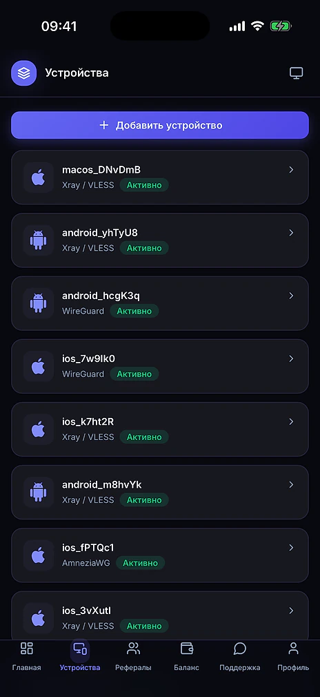 Device list: Xray VLESS, WireGuard and AmneziaWG, each with its status