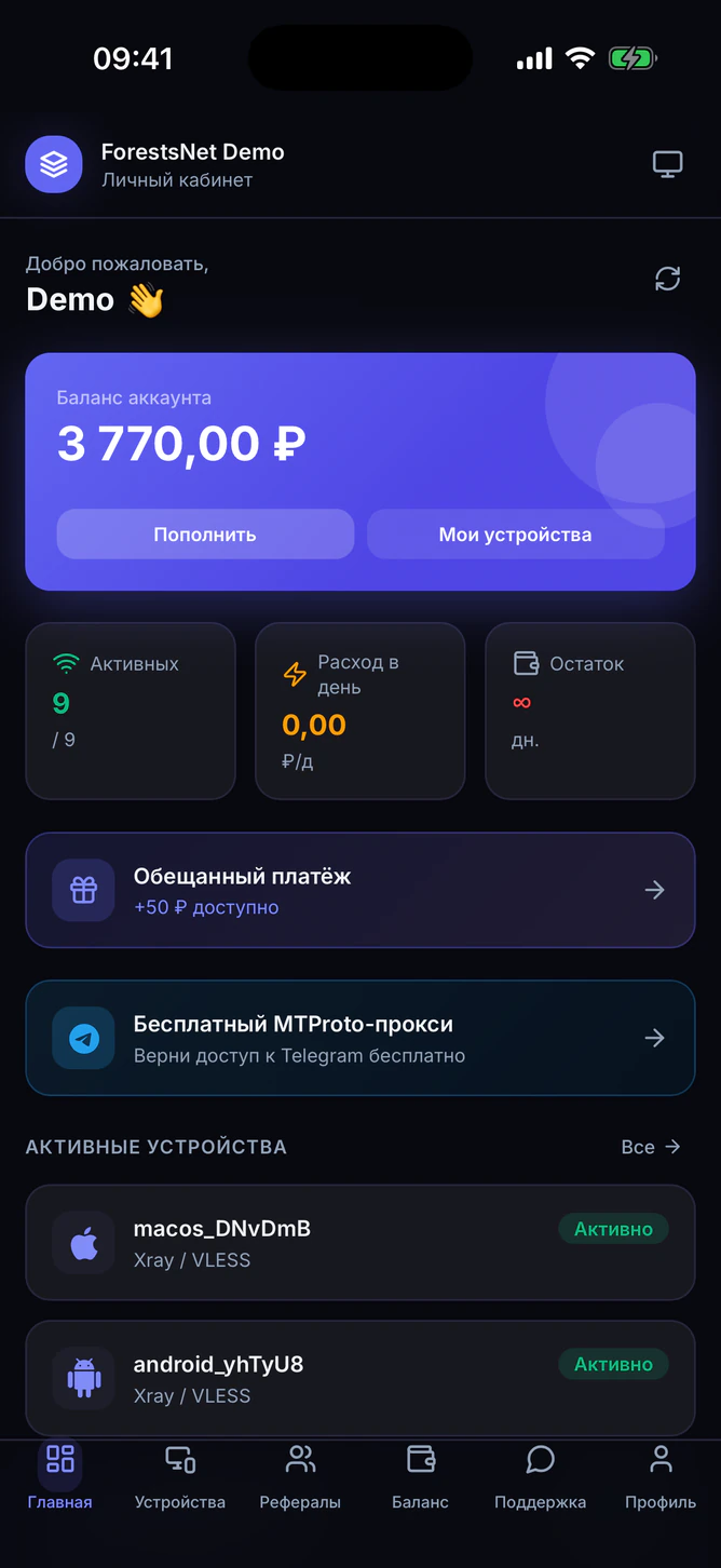 A VPN service customer cabinet on iPhone: balance 3,770 ₽, top-up, nine active devices and daily spend